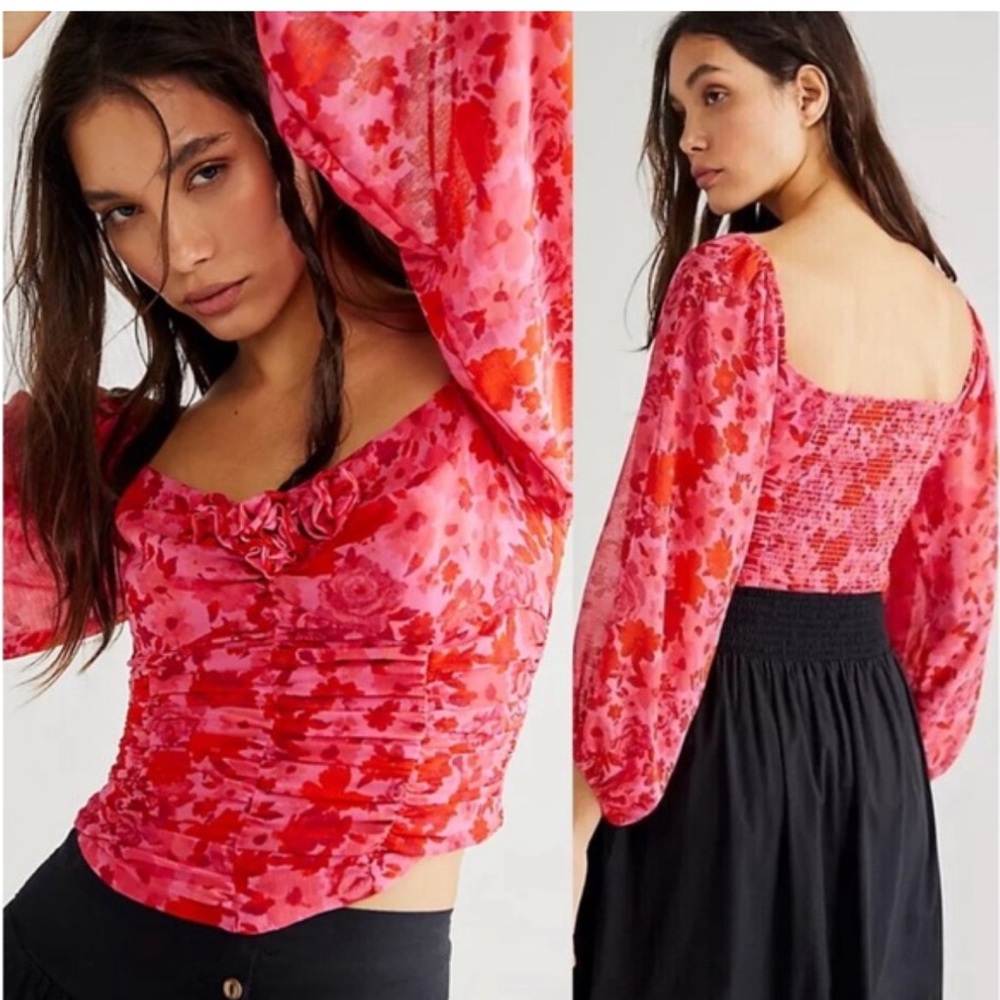 Free People Oh Layla Top Pink Floral Combo Rosettes Cropped Long Sleeve Small